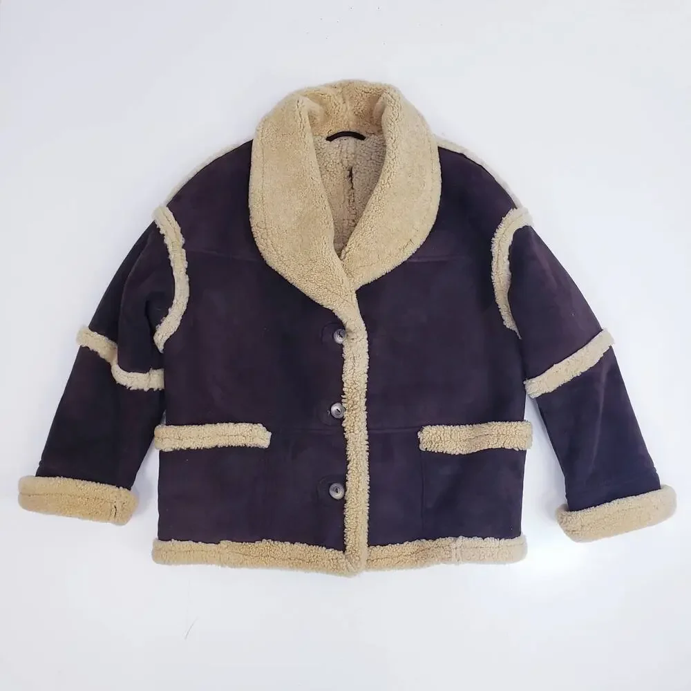 Vintage 80s Vakko Shearling Suede Coat Brown Hipster Coat Jacket Made In Romania - Picture 1 of 9